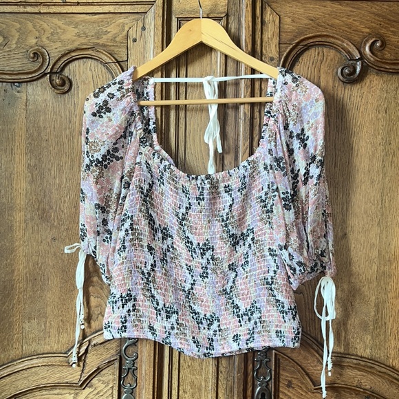 Free People Back On Top Crop Smocked Shirt Blouse Soft Combo Puff Sleeve - Picture 4 of 15